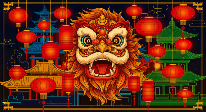 Traditional Chinese lion dance head illustration surrounded by red lanterns and pagodas. Decorative artwork featuring vibrant festive colors and oriental elements. Lunar New Year celebration concept.