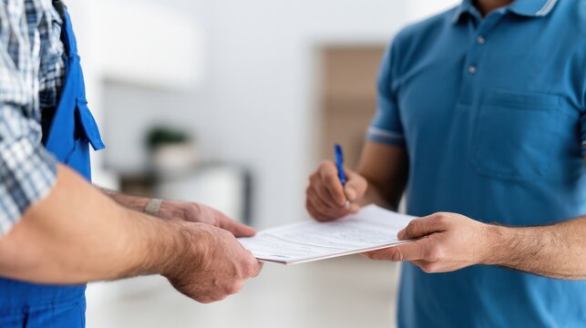 Service Delivery Confirmation: A client signs a document while a service provider in workwear looks on, finalizing a transaction and confirming delivery of service.