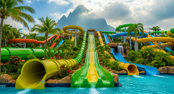 Colorful water slides in a tropical park with a mountain backdrop. Vibrant chutes lead into clear blue pools among lush palm trees. Summer vacation concept, ideal for tourism and leisure marketing.