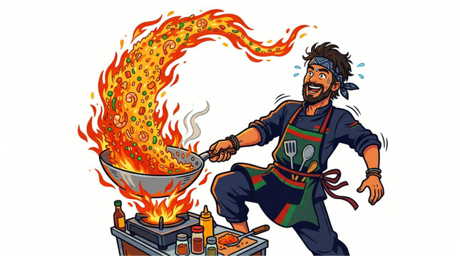 Funny Illustration of a Panicked Male Chef Dealing with a Huge Fire and Food Explosion from a Cooking Wok