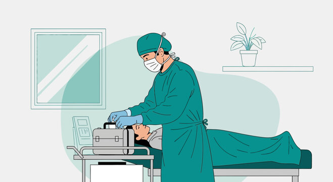 Doctor performing medical procedure, patient on operating table, modern clinic illustration