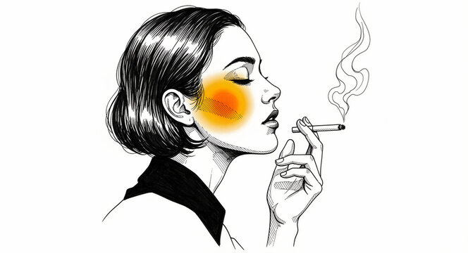 Woman smoking a cigarette in a minimalist line art illustration. Profile sketch with a young female subject and orange cheek accent. Bad habit and addiction concept for health or lifestyle editorial.