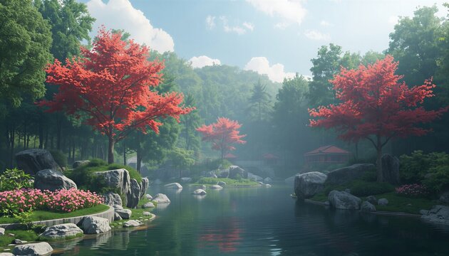 Beautiful Japanese garden with red maple trees and peaceful pond in autumn