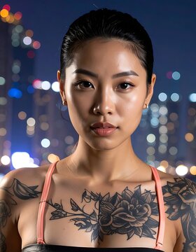 A woman with a tattooed torso poses against a cityscape at night
