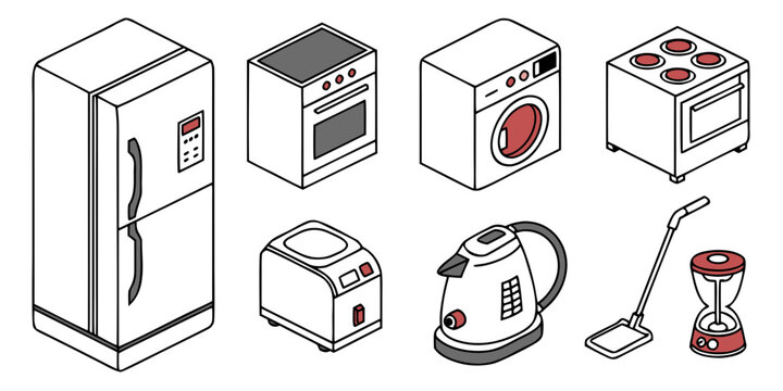Collection of household kitchen appliances in isometric view with washing machine line art food preparation white goods refrigerator appliance household equipment domestic technology