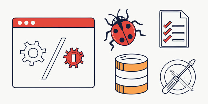 Software development lifecycle bug fixing database management and it configuration outline icons with software development database configuration management checklist programming settings