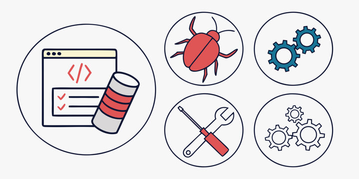 Collection of software development debugging it process icons coding window database bug gears tools in a clean circle design with web browser quality assurance problem solving software debugging