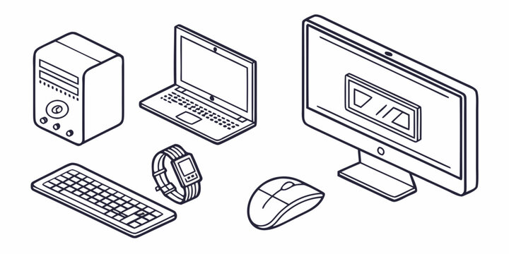 Computer hardware isometric icons with line art computer keyboard smartwatch hardware technology electronic equipment processing illustration collection isolated background communication