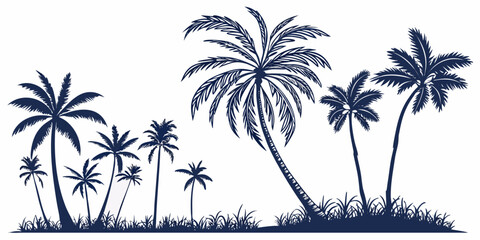 Fototapeta premium Tropical palm trees silhouette with grass landscape on white background design element silhouette tropical paradise vacation landscape illustration tranquil natural beauty environment