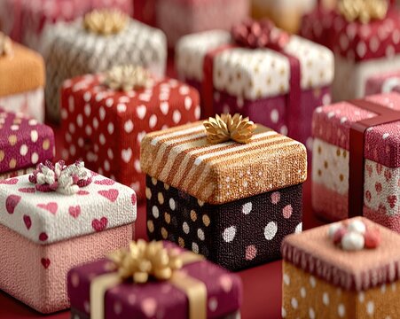 Valentine or Christmas gift boxes arranged on a red background, romantic and festive