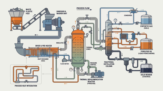 Waste Plastic Pyrolysis Process Flow Vector Industrial Infographic