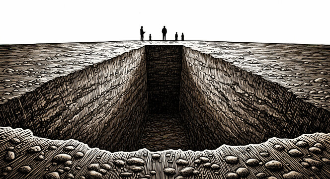 Silhouettes of people standing on the edge of a deep rectangular pit in the earth. Woodcut illustration showing a massive excavation or abyss. Conceptual art for discovery, mystery, and depth.