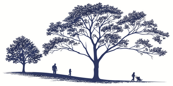 People walking under large trees in a park setting graphic silhouette illustration of nature and leisure baby stroller silhouette illustration recreation landscape peaceful environment