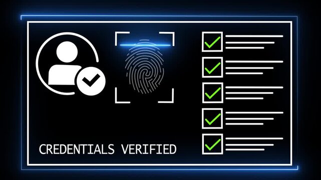Digital identity verification interface featuring biometric fingerprint scanning technology and successful credentials verified status with glowing neon ui for secure cyber security authentication