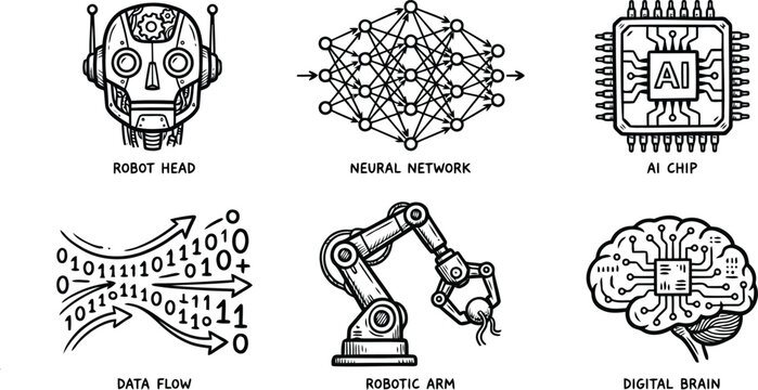 Black and white line drawings of various ai and robotic concepts