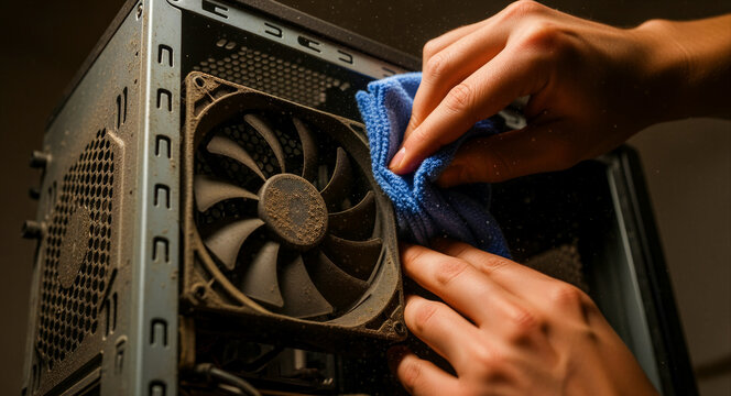 Hands cleaning a dusty computer fan inside a PC case with a cloth. Technician removing dust buildup from electronic cooling components. Hardware maintenance concept for IT service and repair.