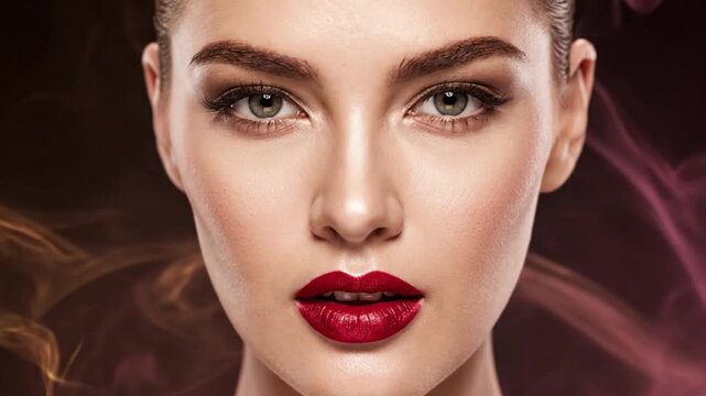Closeup portrait of a woman with bold red lips and smoky background