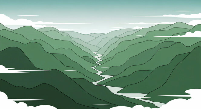 Stylized vector illustration of a river flowing through a green mountain valley. Minimalist landscape with rolling hills under a soft sky. Nature background for eco-friendly design and travel themes.