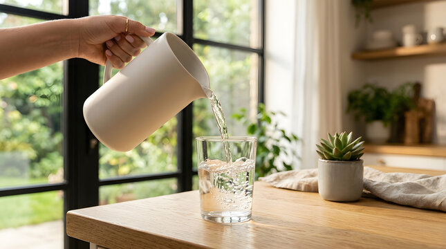 Person pouring water into glass in sunlit kitchen