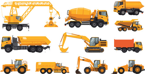 Heavy Construction Equipment and Vehicles Vector Set featuring Crane Excavator Cement Mixer Dump Truck and Bulldozer Icons for Building Industry Graphic Designs © Sohel