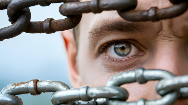 Close up shot of a human eye looking through heavy metal chains representing feeling trapped and restricted