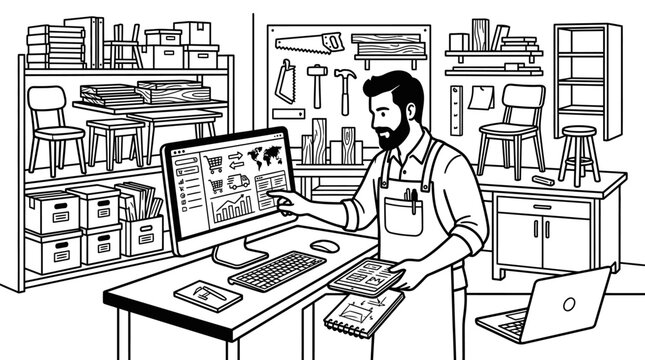 Woodworker using computer for small business management, workshop scene