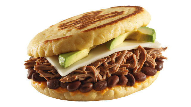 Delicious arepa filled with shredded beef avocado cheese and black beans