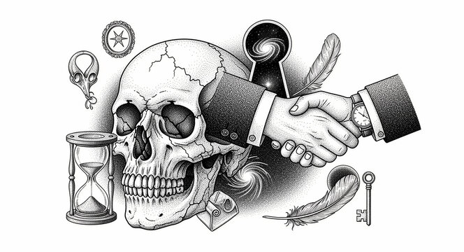 Surreal dotwork illustration of a skull and a business handshake. Features an hourglass and feathers in a detailed stipple art style. Memento mori concept ideal for philosophy and dark aesthetic.