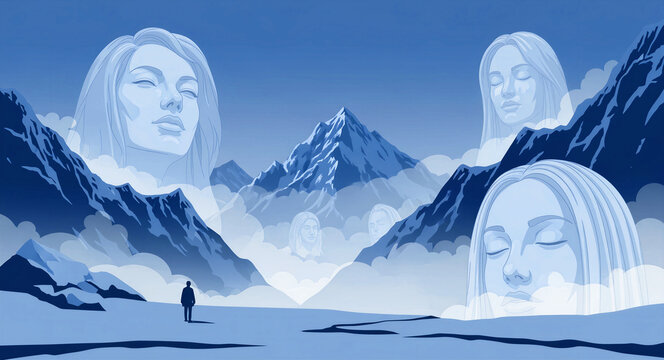 Man standing in a surreal mountain landscape with giant ethereal faces emerging from clouds. Conceptual illustration of the subconscious mind and meditation. Ideal for mental health and wellness.