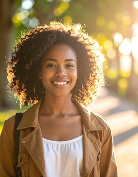 A woman with curly hair smiling outdoors in natural light