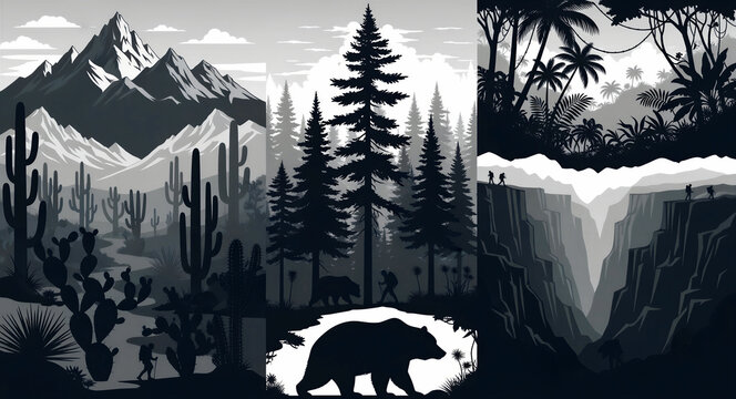 Monochrome vector landscapes featuring desert, forest, and canyon scenes with hikers. Stylized black and white nature illustrations. Adventure travel concept for outdoor branding and posters.