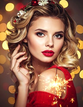 A woman with blonde hair and red lips wearing a red dress