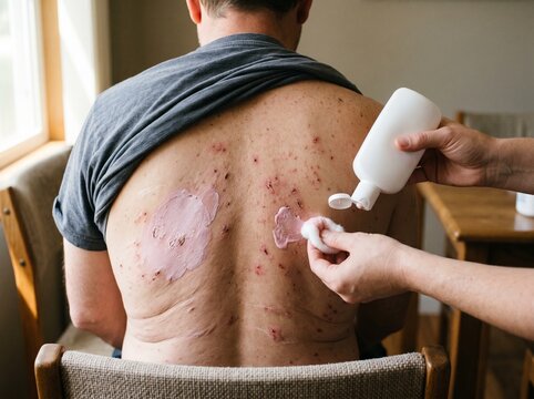 Caregiver applying pink calamine lotion with a cotton ball to a healing rash on a human back in warm afternoon light.