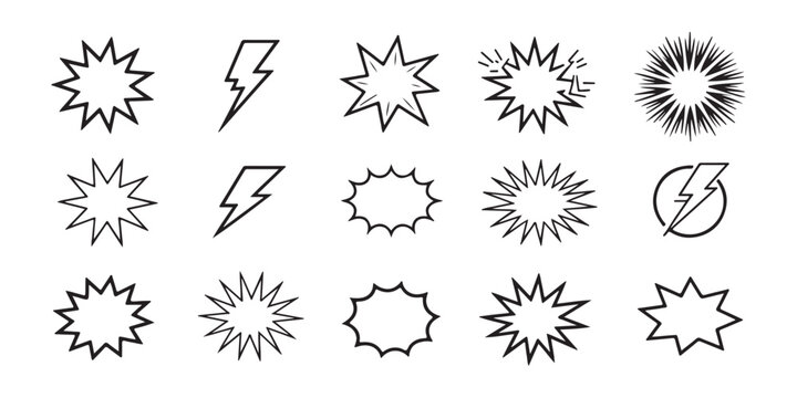 Set of outline starburst speech bubbles and lightning bolt icons on transparent background for comic book style.