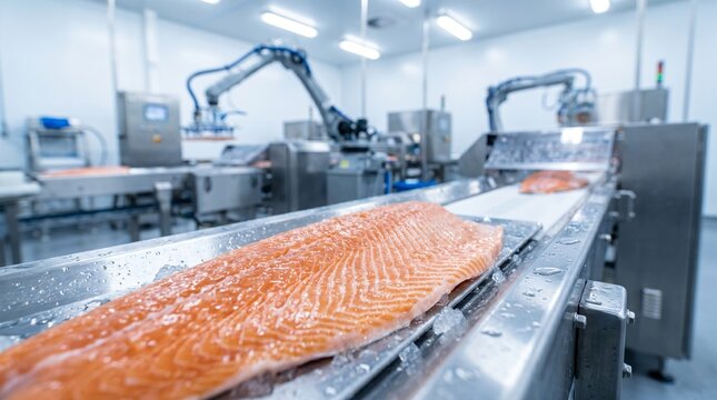 Salmon fillets processed on a conveyor belt in a modern fish processing factory with robotic arms