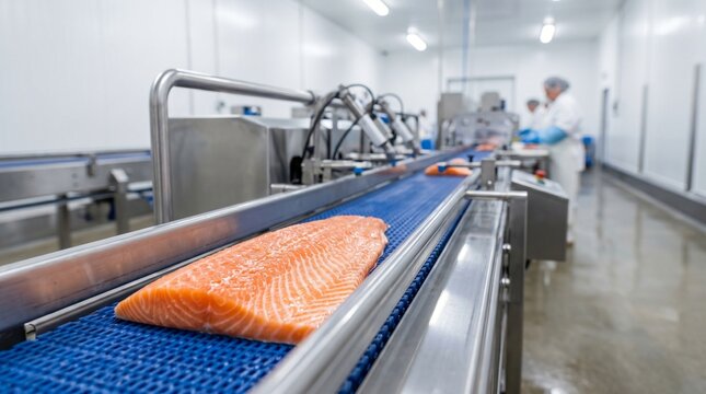 Fresh salmon fillets moving on a blue conveyor belt in a sterile processing facility