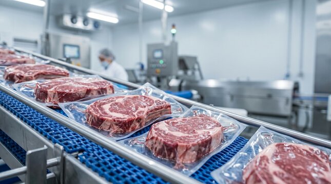 Freshly packaged raw beef steaks on a conveyor belt in a modern meat processing facility