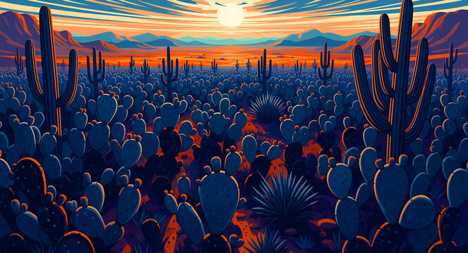 Stylized illustration of a vast cactus field under a vibrant desert sunset. Saguaro and prickly pear cacti fill the foreground with distant blue mountains and a glowing sun. Southwestern art design.