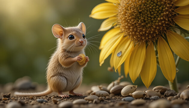 A charming and detailed close-up of a tiny field mouse standing beside a vibrant, large sunflower.