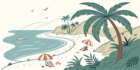 Tropical paradise beach landscape illustration with palm trees beach chairs and umbrellas by the calm ocean shore for summer vacation concept tropical vacation umbrella paradise landscape © Mamun