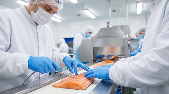 Workers in sterile clothing and masks processing salmon fillets on a conveyor belt