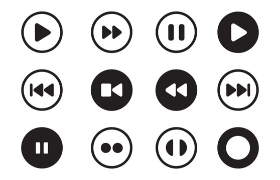 Collection of circular black media player control icons with outline for various functions.