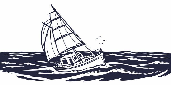 Hand-drawn illustration of a vintage wooden sailing boat navigating through rough ocean waves with sailboat nautical maritime schooner navigation transport adventure seagulls exploration
