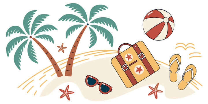 Colorful tropical beach vacation illustration with palm trees a travel suitcase with star decals beach ball sunglasses flip-flops on a sandy shore tropical vacation suitcase sunglasses starfish
