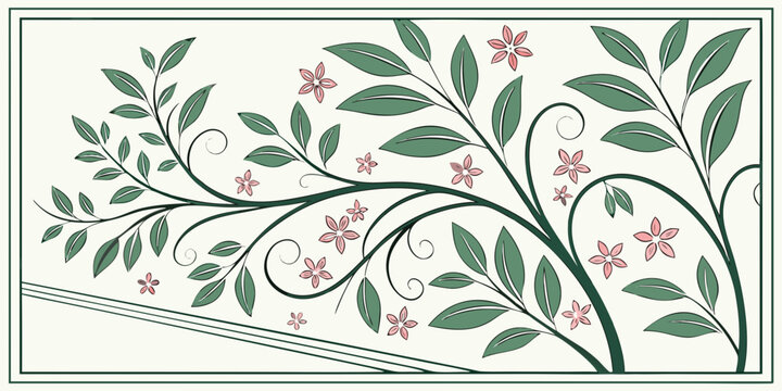 Horizontal floral border illustration featuring delicate green leaves and pink flowers in a decorative frame layout hand drawn illustration botanical ornament decorative background artistic