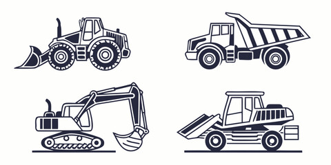 Detailed industrial heavy equipment and construction machinery illustrations set featuring front loader mining dump truck excavator and earthmoving digger construction machinery equipment building © Mamun