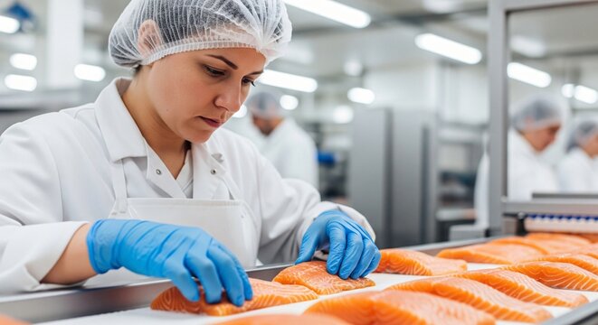 Food processing worker wearing uniform and gloves inspecting raw salmon fillets on a conveyor belt