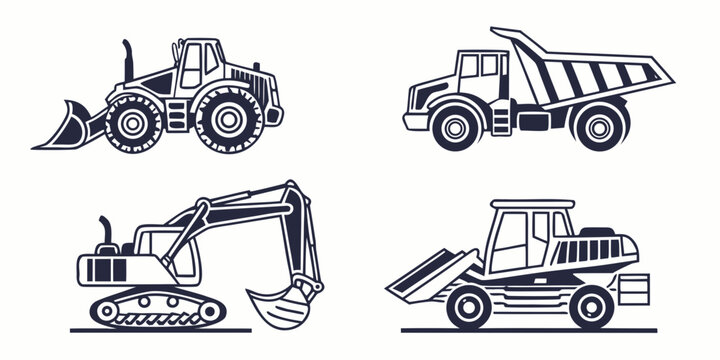 Detailed industrial heavy equipment and construction machinery illustrations set featuring front loader mining dump truck excavator and earthmoving digger construction machinery equipment building