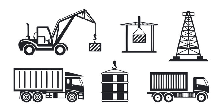 Industrial construction and logistics equipment outline icons with forklift container industrial logistics construction equipment machinery transport shipping delivery warehouse industry
