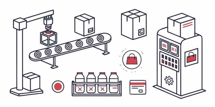 Automated industrial manufacturing and logistics process illustration featuring robotic arm conveyor belt and packaging operations industry manufacturing automation logistics warehouse conveyor